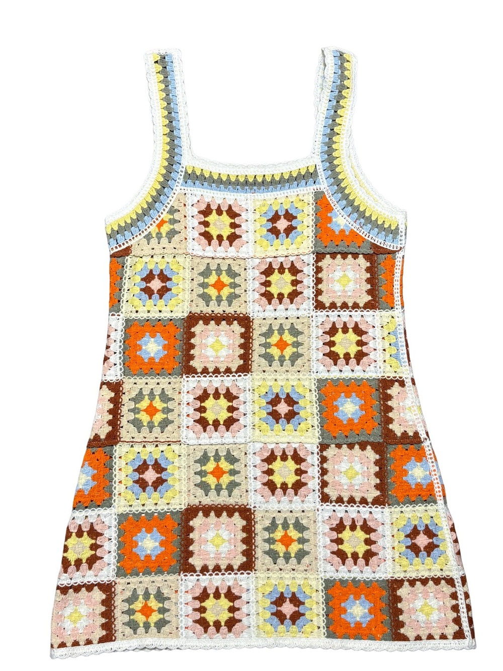 New In Multicolor Granny Square Crochet Mini Dress  M/L